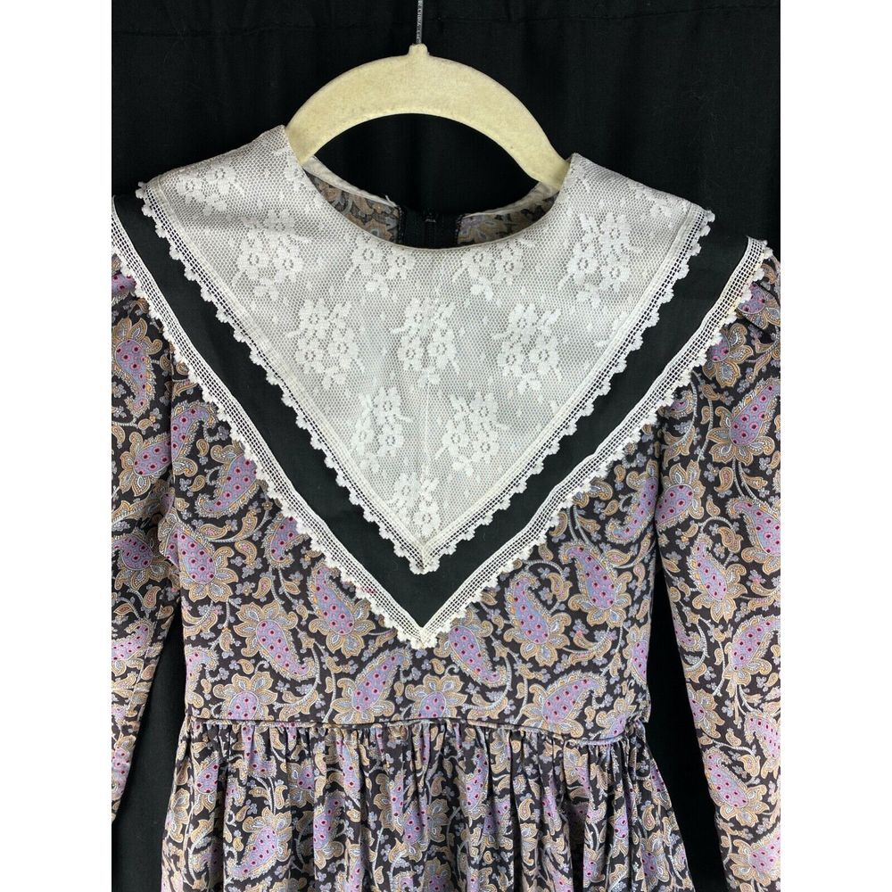 60s Bib Floral Prairie Peasant Western Lace Trim Kids Dress Size 6-9 Boho - Picture 4 of 8